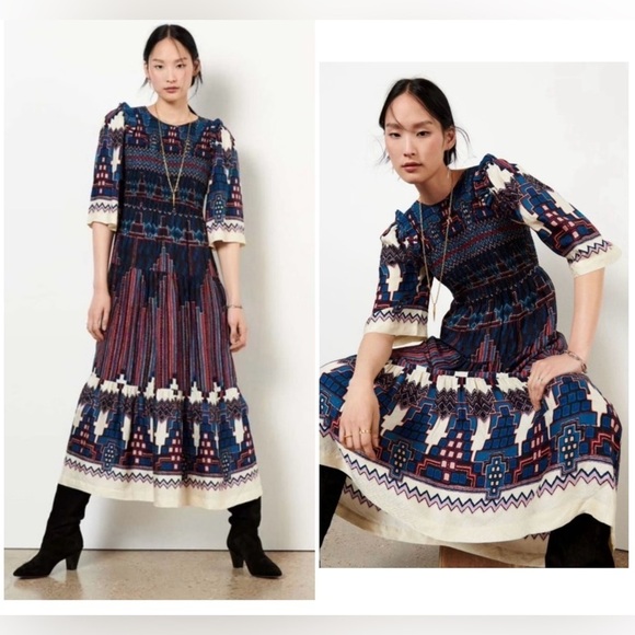 ba&sh Blue and White Smocked Mandie Midi Dress XS - Picture 2 of 16